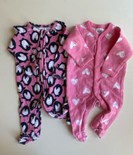 Load image into Gallery viewer, Target baby girl size 0-3 months x2 pink one-pieces penguins hearts, VGUC
