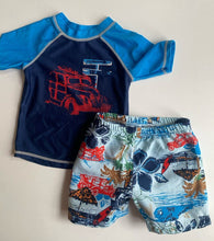 Load image into Gallery viewer, Charlie Rocket baby boy size 12-18 month swim set rash vest shorts blue car VGUC
