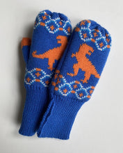 Load image into Gallery viewer, Hatley kids size 4-5 blue orange dinosaur knitted gloves mittens, EUC
