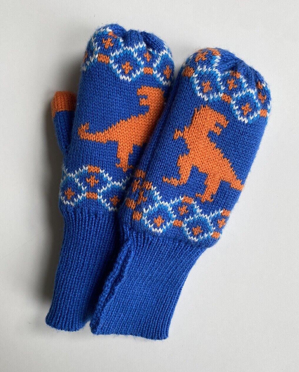 Hatley kids size 4-5 blue orange dinosaur knitted gloves mittens, EUC