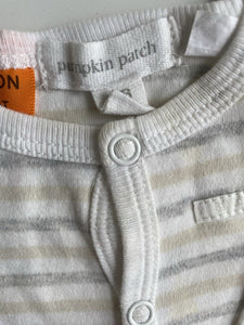 Pumpkin Patch baby size newborn white grey stripe one-piece romper, VGUC