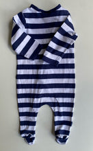 Load image into Gallery viewer, Sprout baby size 0-3 months navy blue white stripe one-piece, VGUC
