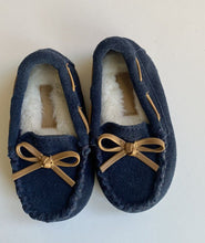 Load image into Gallery viewer, Clarks kids toddler size US 5.5/EUR 21 navy blue suede moccasin shoes, EUC
