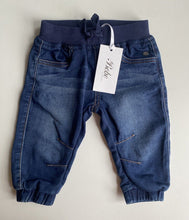 Load image into Gallery viewer, Bebe by Minihaha baby size 6-12 months blue denim pull on drawstring pants, BNWT
