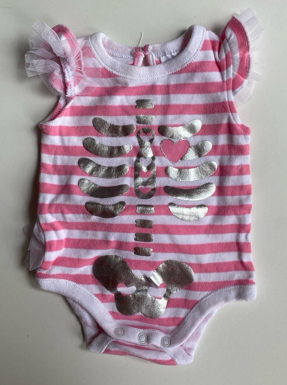 Target baby size 0-3 months pink white stripe skeleton bodysuit Halloween, VGUC