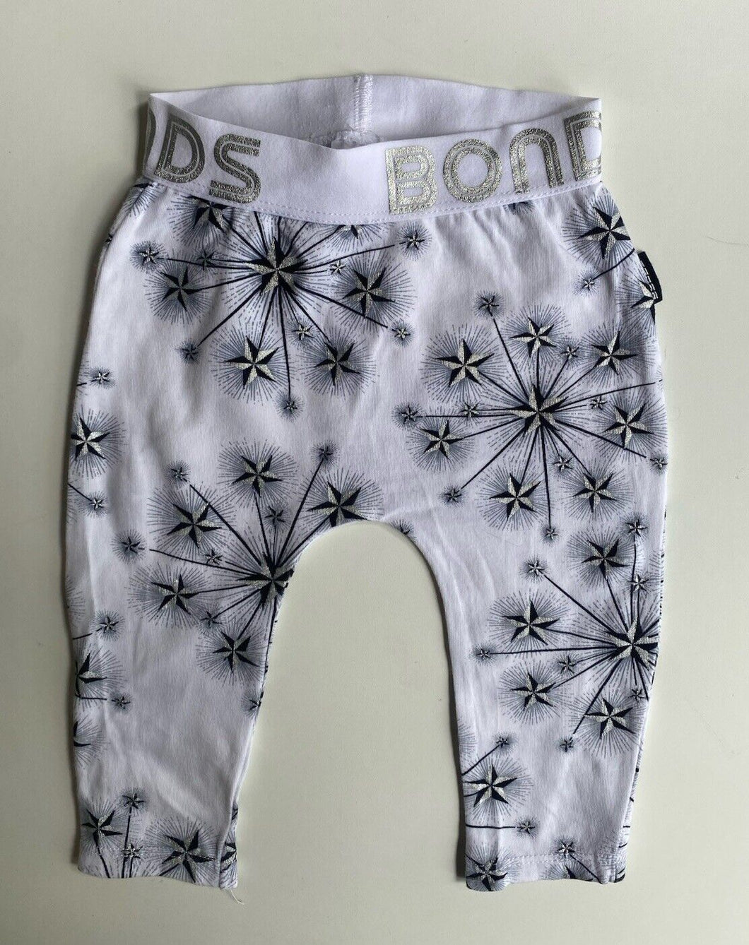 Bonds baby size 3-6 months white black silver stars leggings, VGUC