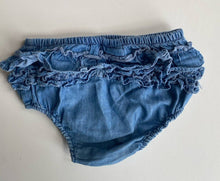 Load image into Gallery viewer, Jack &amp; Milly baby girl size 12-18 months blue chambre denim ruffle bloomers VGUC
