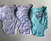 Load image into Gallery viewer, Babies R Us baby girl size 0-3 months x3 long sleeve bodysuits purple blue, VGUC
