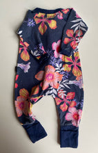 Load image into Gallery viewer, Bonds baby girl size 0-3 months zippy wondersuit navy blue pink floral, GUC
