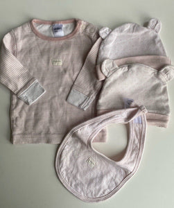 Anko baby girl size 0-3 months pink stripe long sleeve top beanies bib set, VGUC