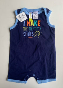 Dymples baby boy size 12-18 months blue sleeveless romper one-piece, BNWT