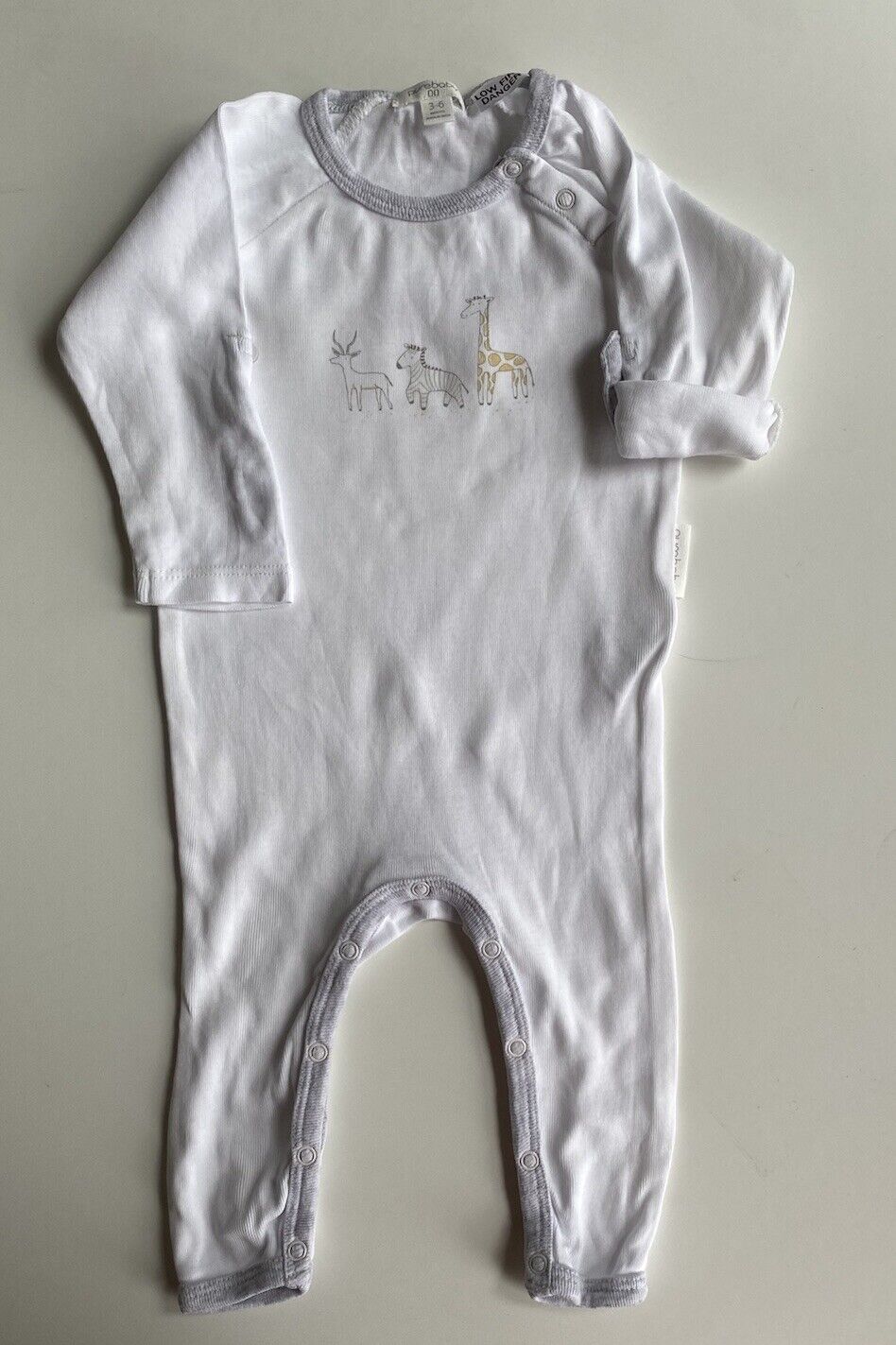 Purebaby baby size 3-6 months white one-piece growsuit animals, GUC