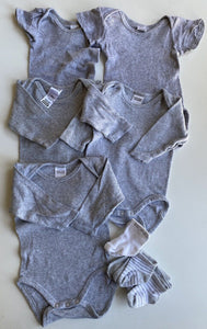 Bonds baby size 0-3 month x5 grey ribbed bodysuit tops x4 pair socks bundle VGUC