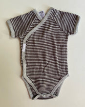 Load image into Gallery viewer, Bonds baby size 3-6 months grey stripe wrap bodysuit top, VGUC
