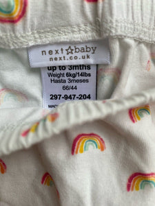 Next baby girl size 0-3 months mint green romper leggings set rainbows, VGUC