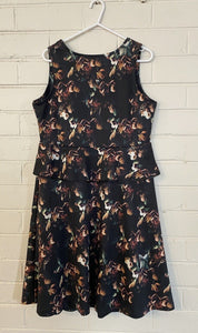 Ripe Women's size XS black floral sleeveless peplum v neck dress, EUC