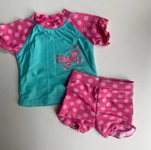 Load image into Gallery viewer, Target baby girl size 3-6 months pink spotted bathers butterfly top bottoms VGUC
