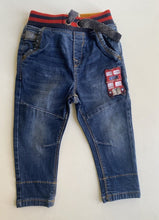 Load image into Gallery viewer, Tu baby boy size 9-12 months blue denim pull on jeans pants London bus, VGUC
