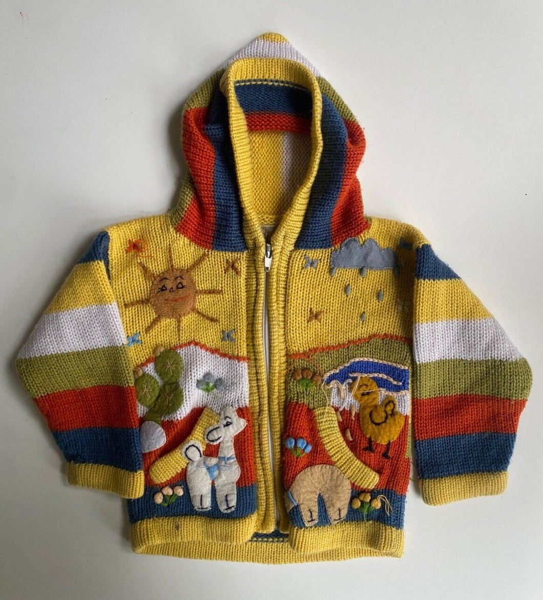 Unbranded kids toddler size approx. 2 yellow knit Peruvian hooded jumper VGUC