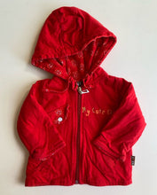 Load image into Gallery viewer, Next baby size approx. 3-6 months red hooded zip up jumper bear car, VGUC
