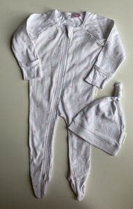 Purebaby baby girl size 0-3 months white pink leaves one-piece growsuit hat VGUC