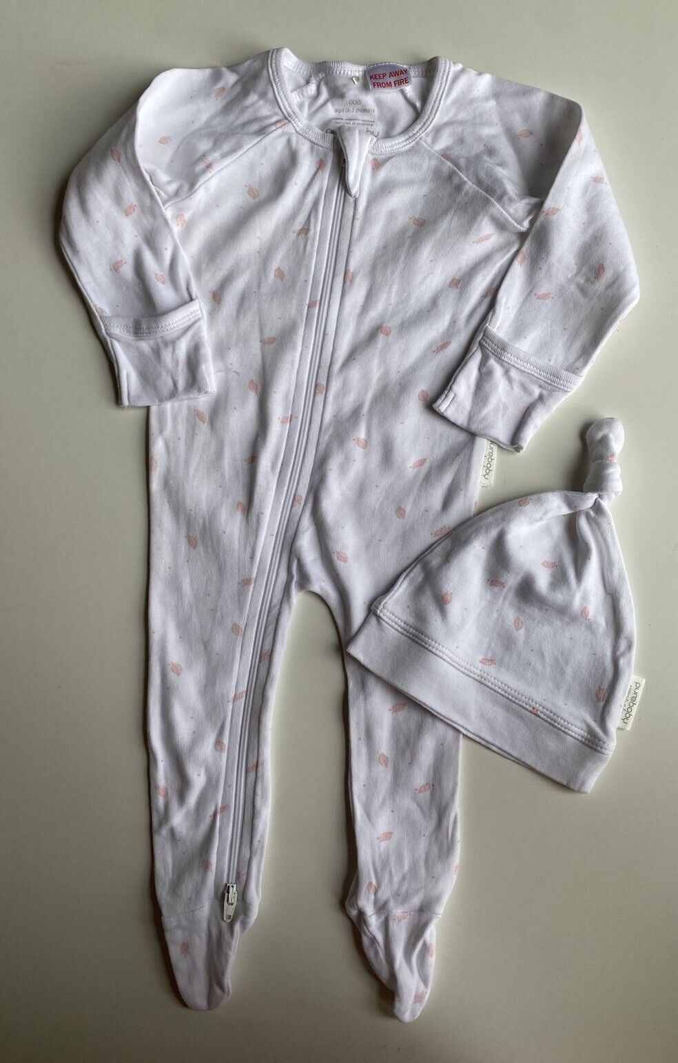 Purebaby baby girl size 0-3 months white pink leaves one-piece growsuit hat VGUC