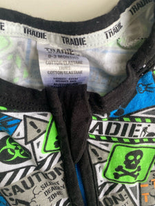 Tradie baby boy size 0-3 months blue green warning stinky one-piece, VGUC