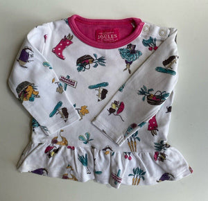 Joules baby girl size 3-6 months white long sleeve tunic top vegetables, VGUC