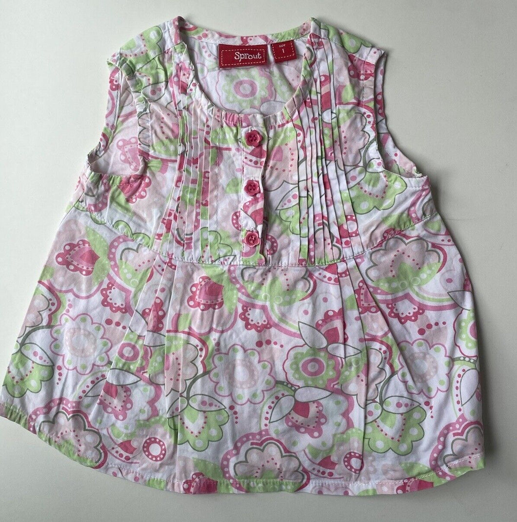 Sprout baby girl size 12-18 months pink green floral sleeveless top, VGUC