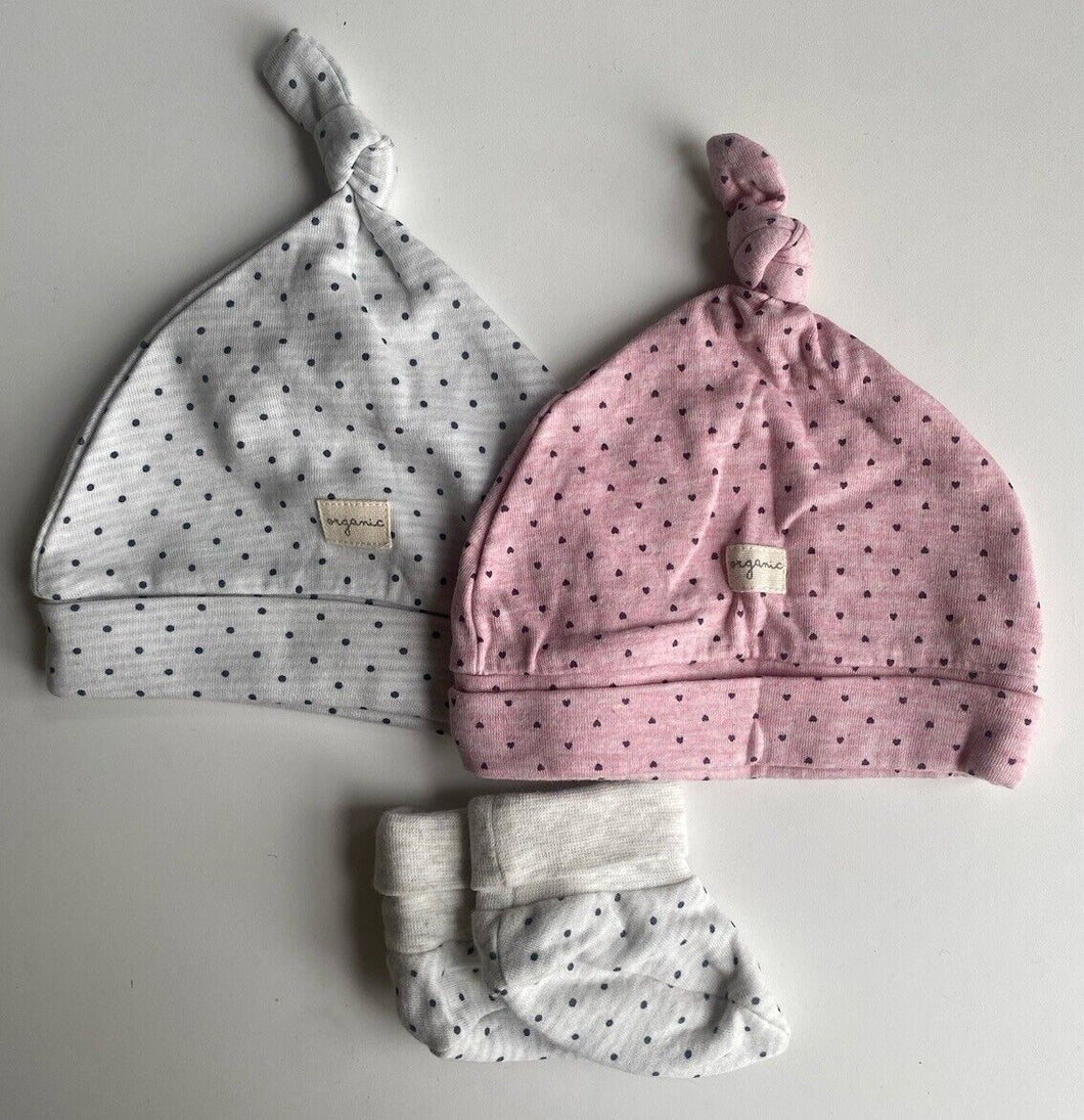 Anko baby girl size 0-3 months pink grey beanie booties bundle set, VGUC