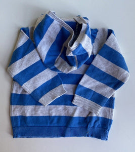 F&F baby size 6-9 months grey blue stripe hooded knit jumper, VGUC