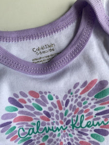 Calvin Klein baby girl size 0-3 months white purple logo heart bodysuit, VGUC