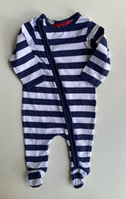 Load image into Gallery viewer, Sprout baby size 0-3 months navy blue white stripe one-piece, VGUC
