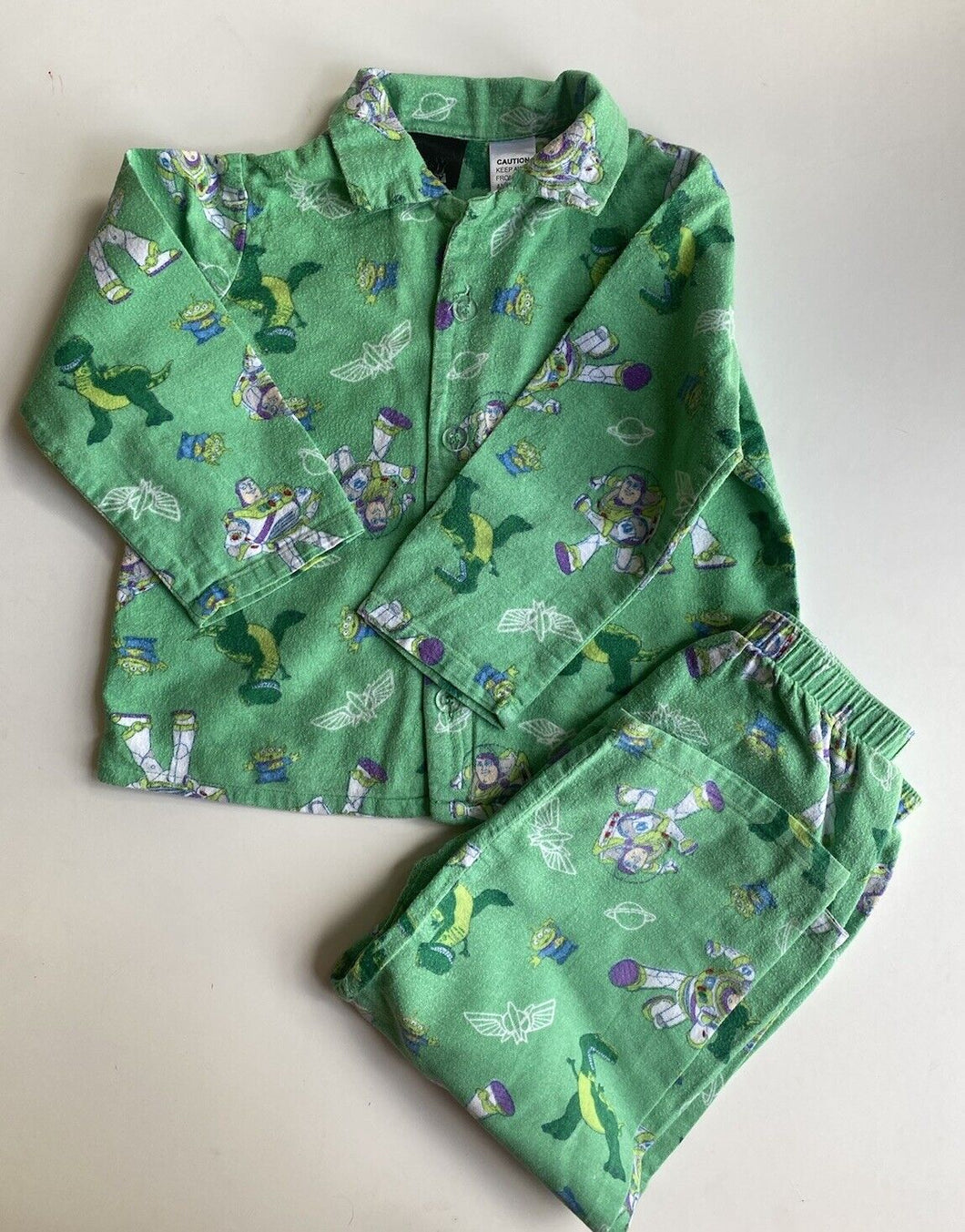 Toy Story kids toddler size 3 green flannel PJ set top pants Buzz Lightyear, GUC