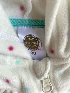 Tiny Little Wonders baby size 3-6 months white velour spotted jumper zip, VGUC