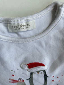 Next baby size 0-3 months white long sleeve bodysuit Christmas penguin, VGUC