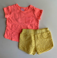 Load image into Gallery viewer, Target baby girl size 0-3 months neon pink top yellow shorts bundle, VGUC
