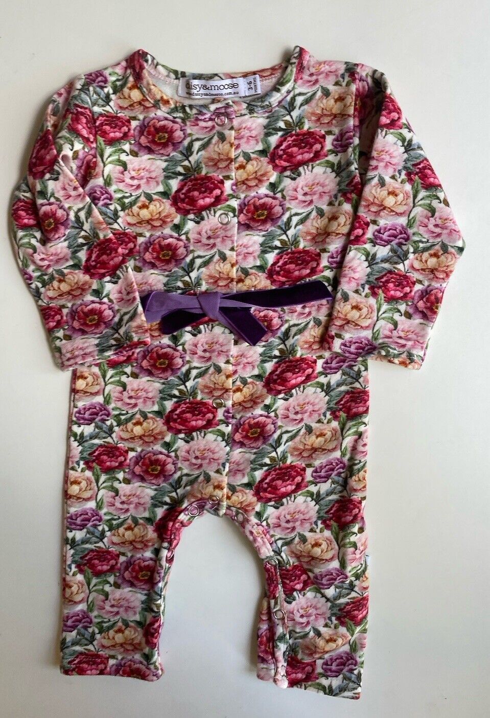 Daisy & Moose baby girl size 3-6 months pink floral belted one-piece, VGUC