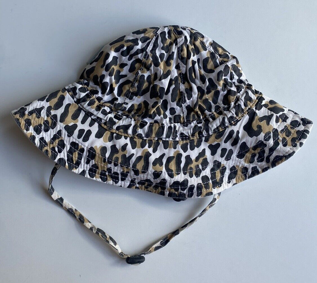 Acorn baby girl size XS 0-9 months black brown leopard print sun hat, VGUC