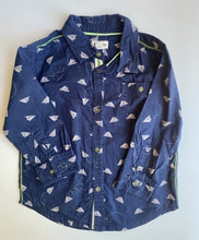 Load image into Gallery viewer, Hatley kids boys size 4 navy blue button up shirt paper planes, VGUC
