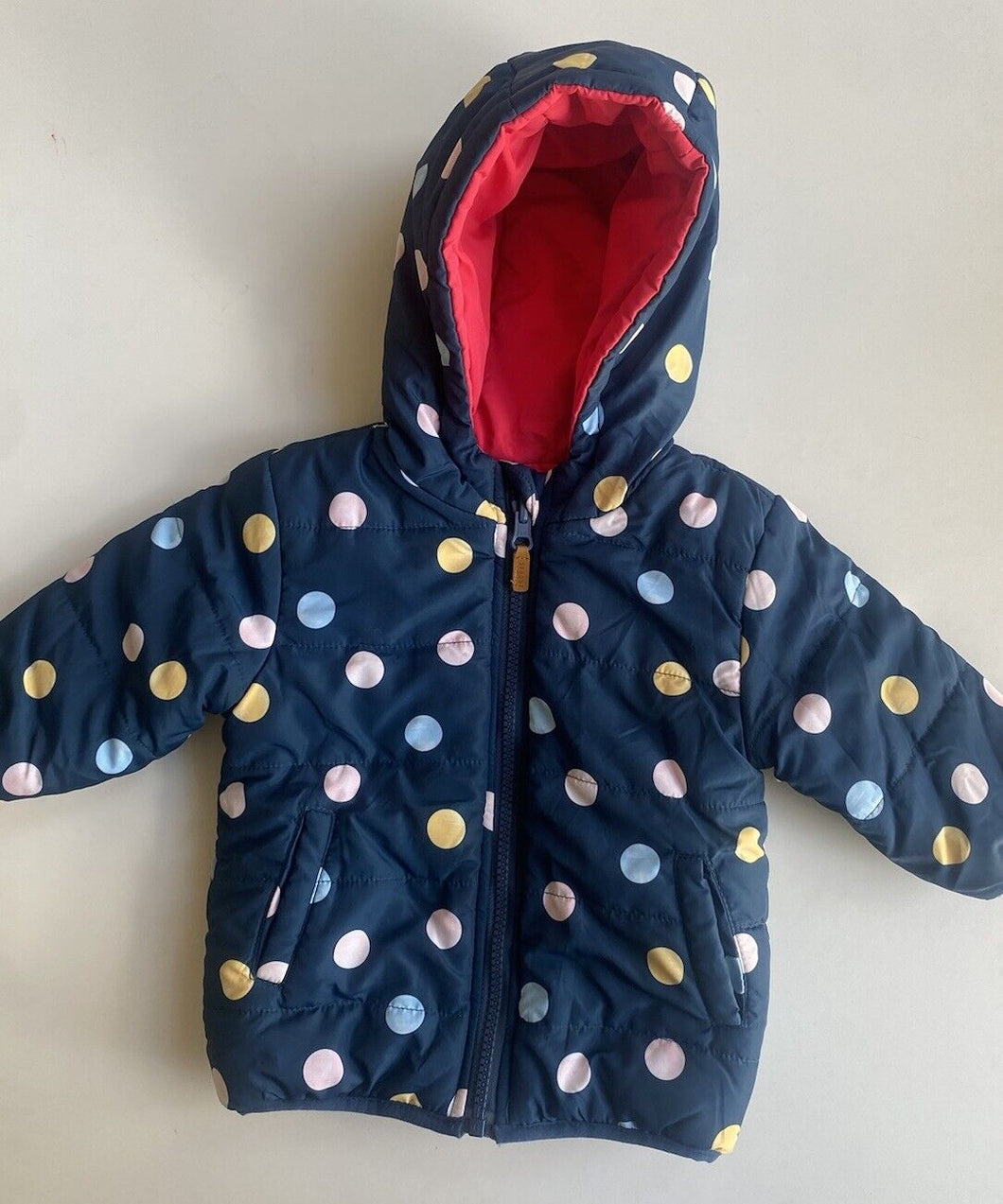 Sprout baby girl size 3-6 months navy blue spotted hooded puffer jacket, VGUC