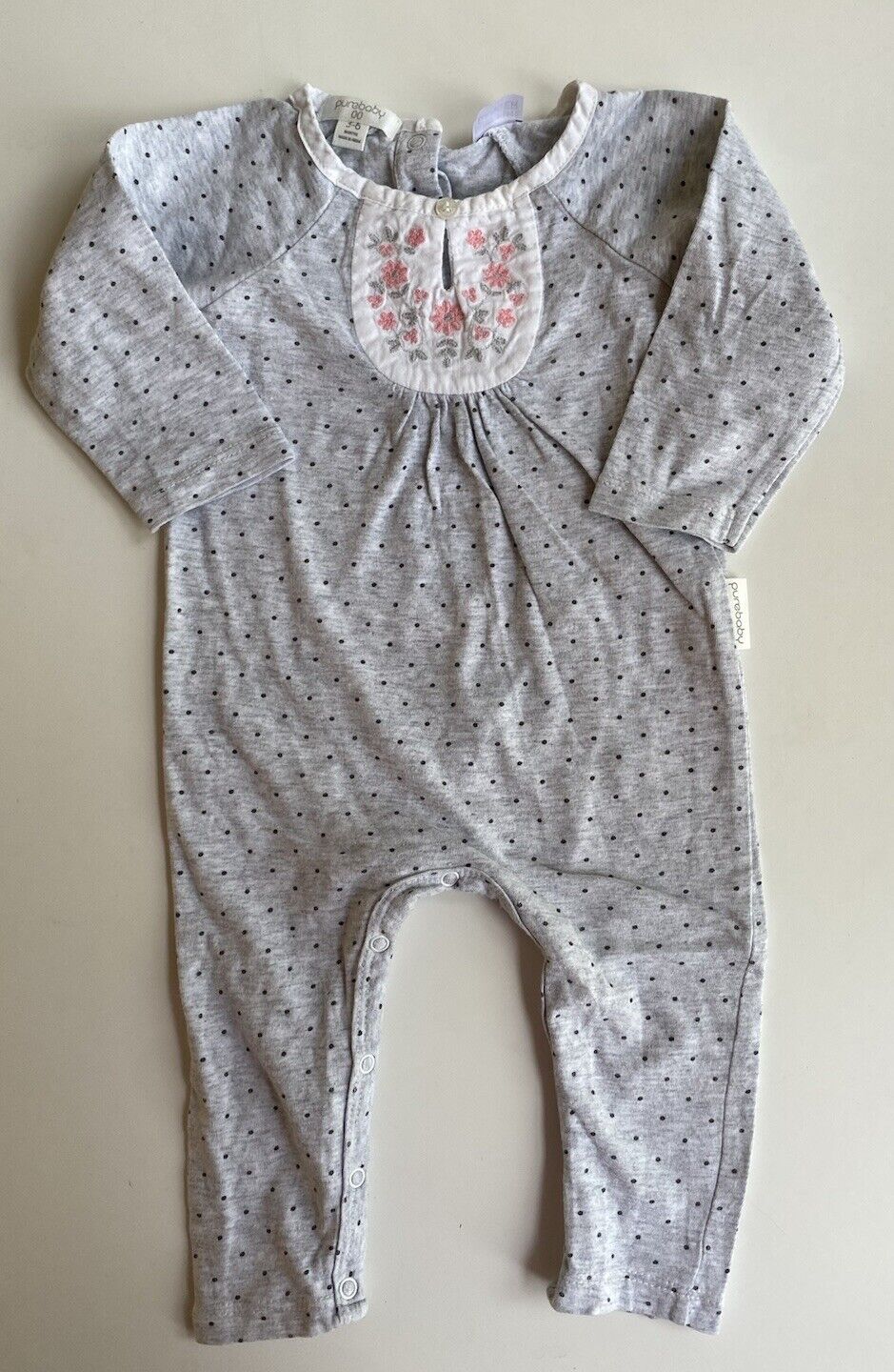 Purebaby baby girl size 3-6 months grey spotted one-piece floral, VGUC