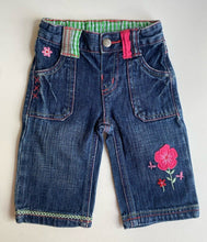 Load image into Gallery viewer, Pumpkin Patch baby girl size 3-6 months blue denim flower jeans pants, VGUC
