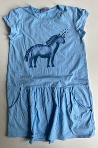 Minti kids girls size 12 blue unicorn short sleeve dress, VGUC