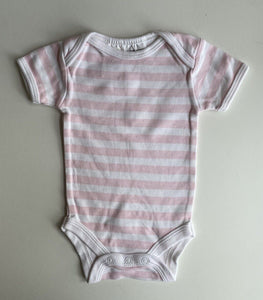 Ollie's Place baby girl size 0-3 months pink white stripe bodysuit t-shirt, VGUC