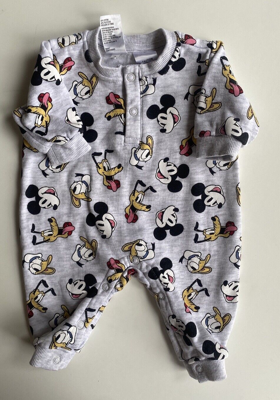 Disney baby size newborn grey fleecy Mickey Mouse one-piece warm, VGUC