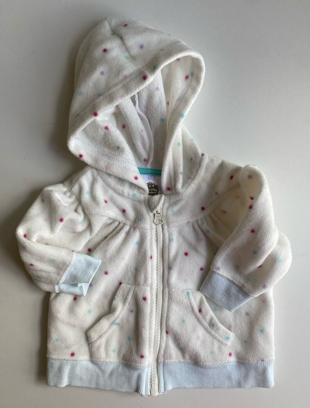 Tiny Little Wonders baby size 3-6 months white velour spotted jumper zip, VGUC