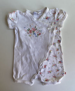 Bebe by Minihaha baby girl size 3-6 months white pink floral one-piece, GUC