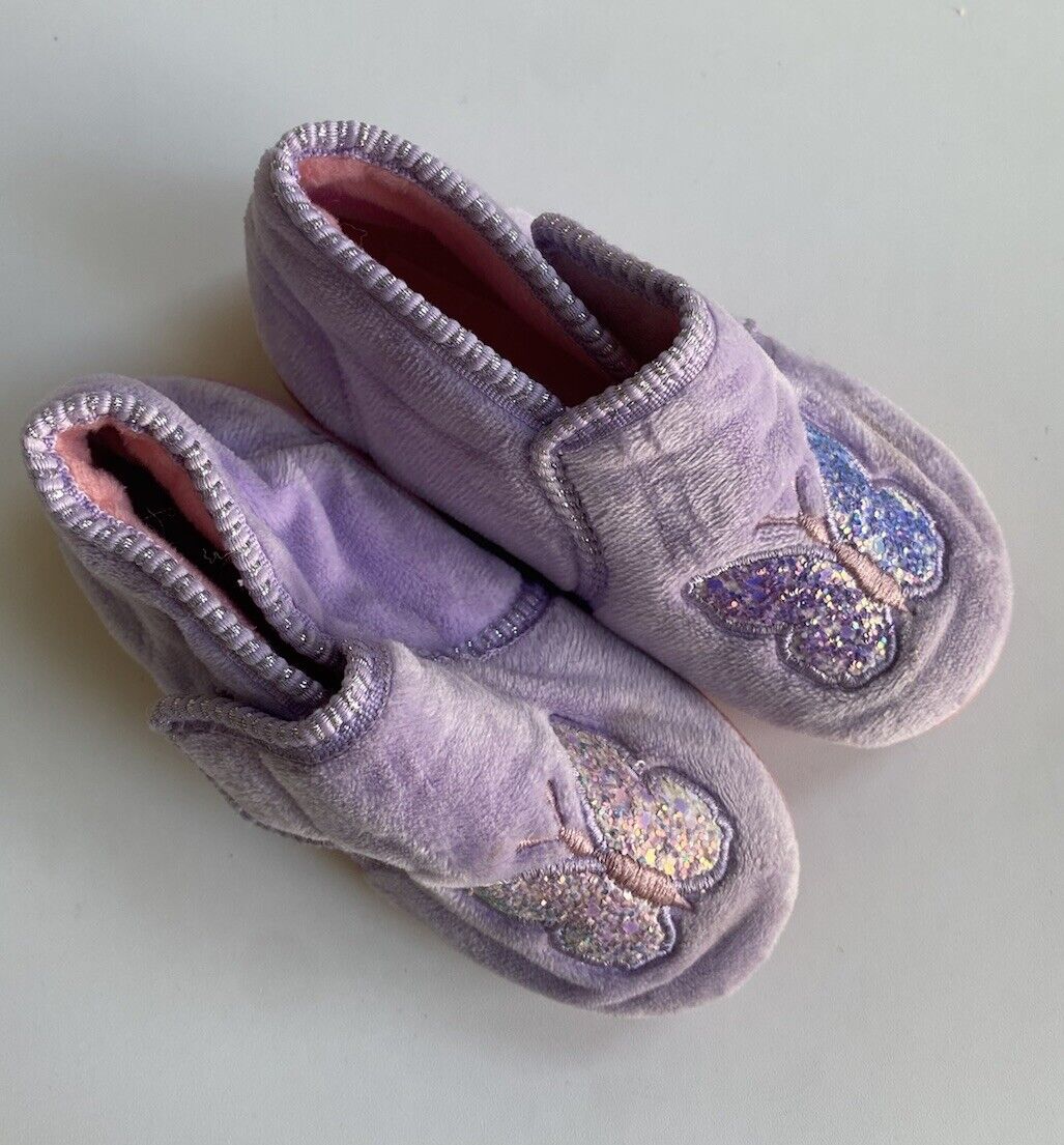 Ciao kids girls toddler size 6 purple fluffy slippers shoes butterflies, GUC