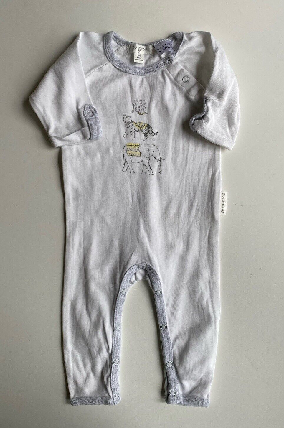 Purebaby baby size 3-6 months white elephant tiger one-piece growsuit, VGUC